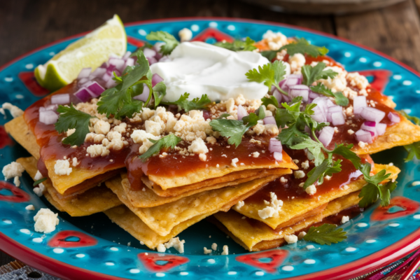 A festive plate of colorful chilaquiles with toppings