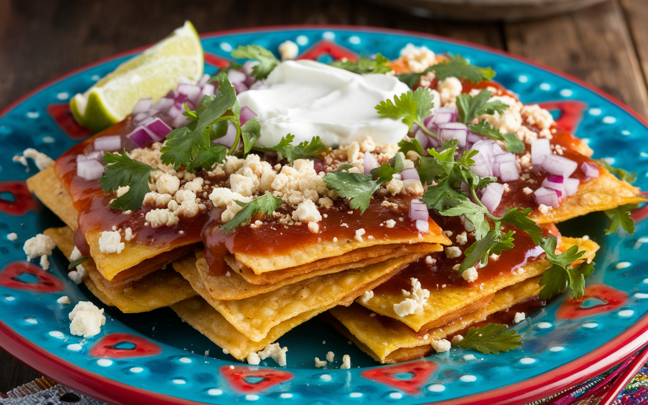 A festive plate of colorful chilaquiles with toppings