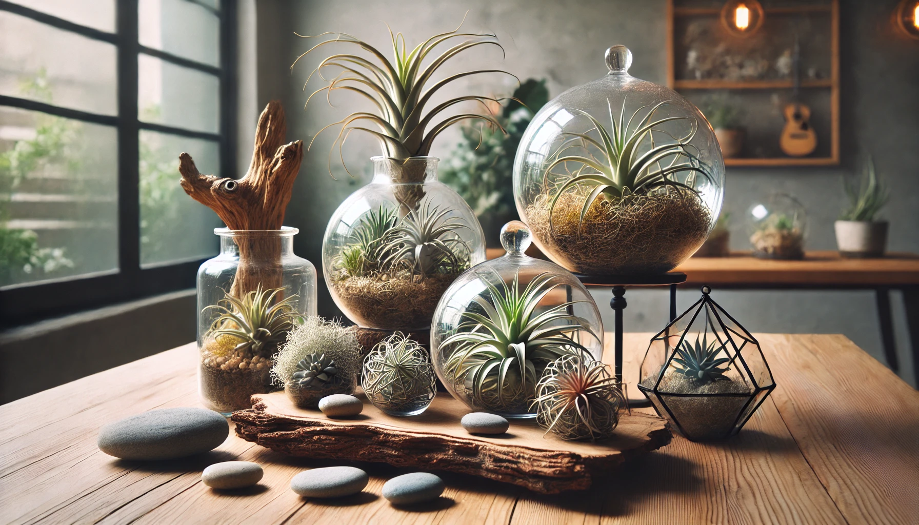 A variety of air plants displayed in creative indoor settings.