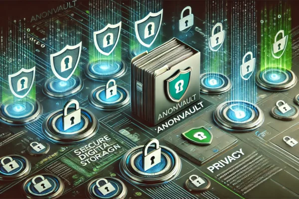 Anonvault, a secure digital storage platform with encryption icons, a shield, and privacy features.