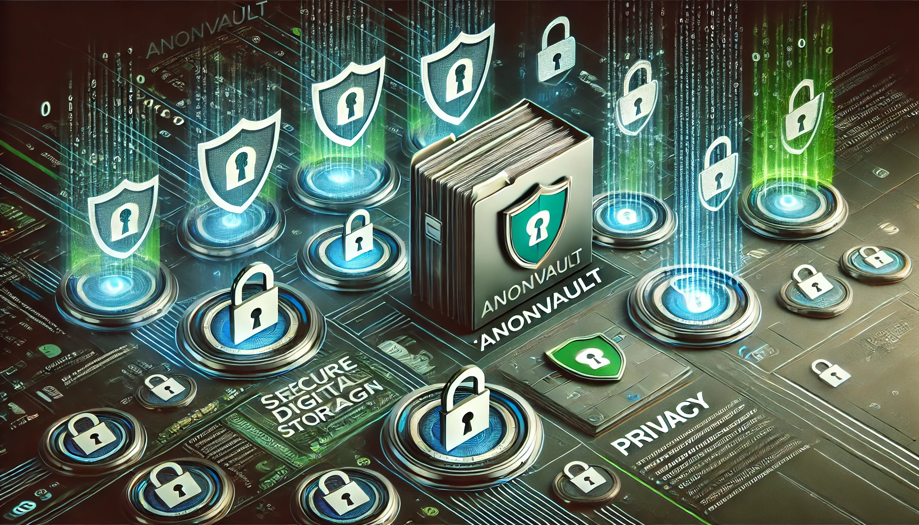 Anonvault, a secure digital storage platform with encryption icons, a shield, and privacy features.