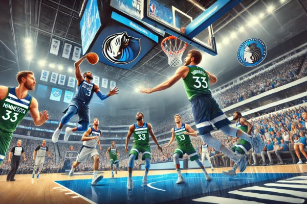 Action shot from Dallas Mavericks vs Timberwolves game showcasing players’ key moments.