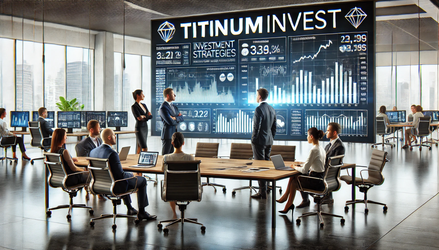 Professionals discussing investment strategies at titaniuminvest.com consulting in a modern office setting