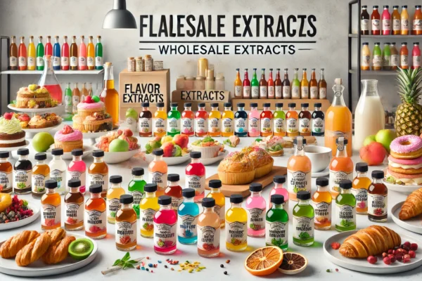 wholesale extracts from FlavorFrenz, featuring colorful bottles of flavor extracts arranged creatively.