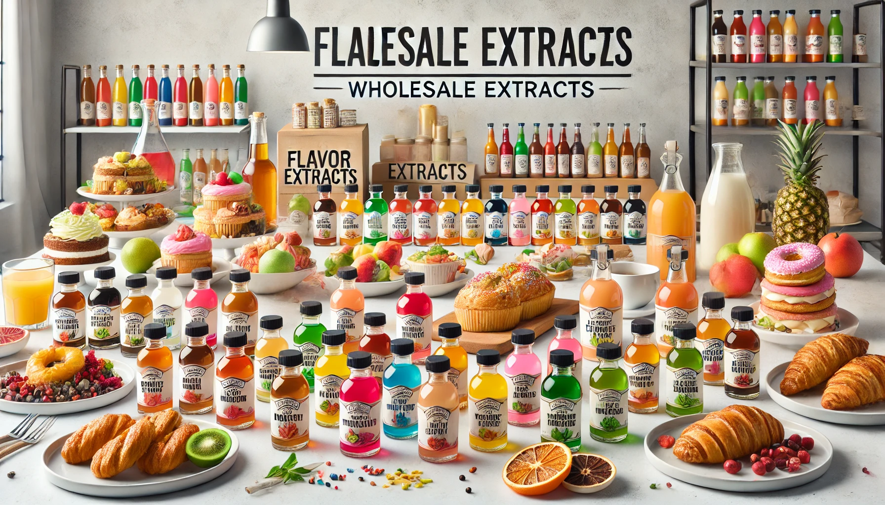 wholesale extracts from FlavorFrenz, featuring colorful bottles of flavor extracts arranged creatively.