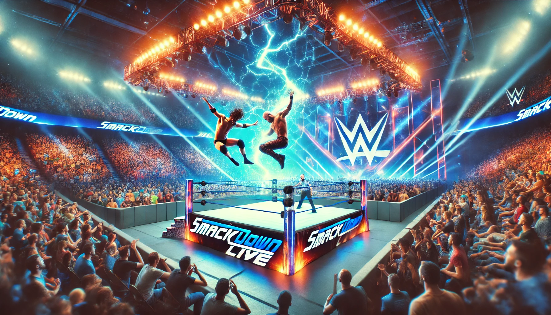 WWE SmackDown Episode 1488, featuring wrestlers in action inside a packed arena.