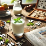 A refreshing glass of cold yogurt drink with puzzle elements around it