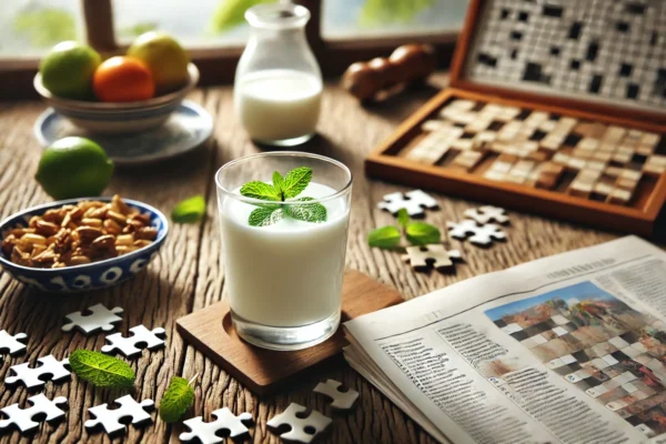 A refreshing glass of cold yogurt drink with puzzle elements around it