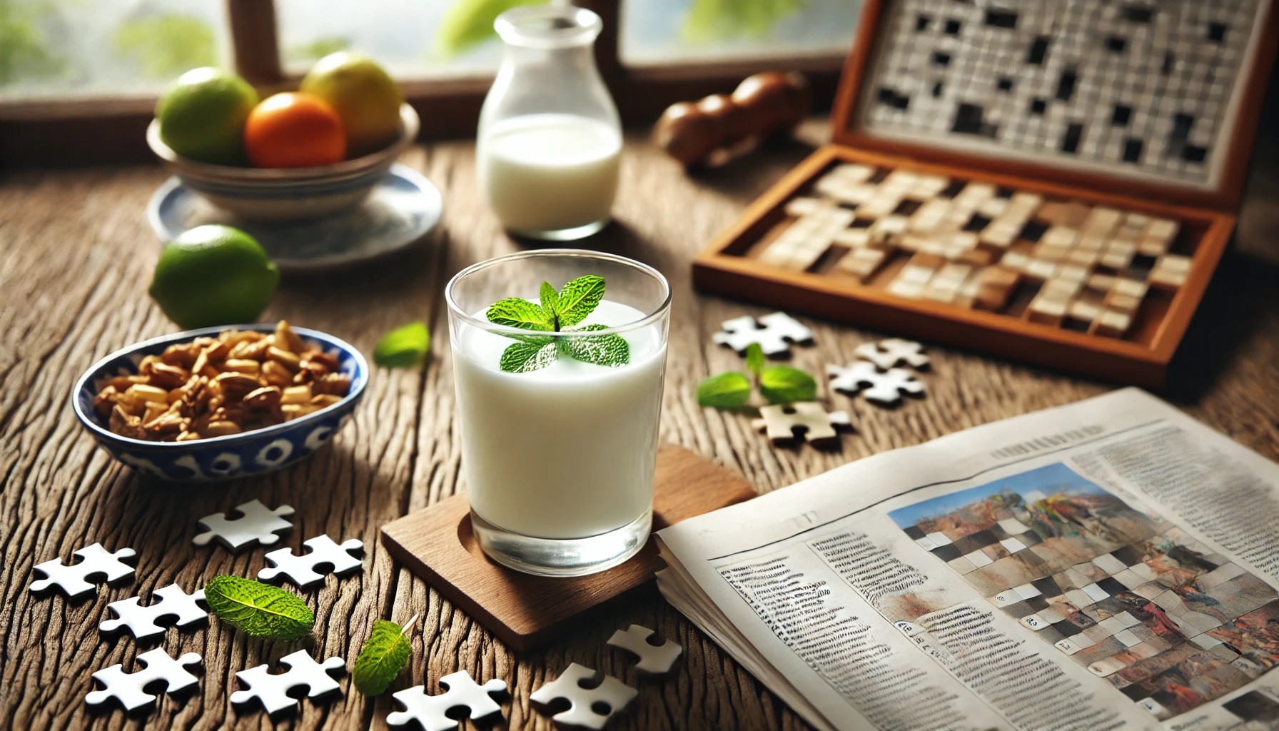 A refreshing glass of cold yogurt drink with puzzle elements around it