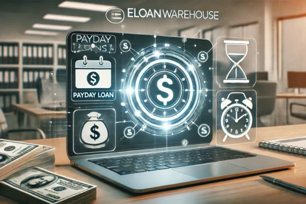 image of payday loans with eLoanWarehouse branding and financial symbols