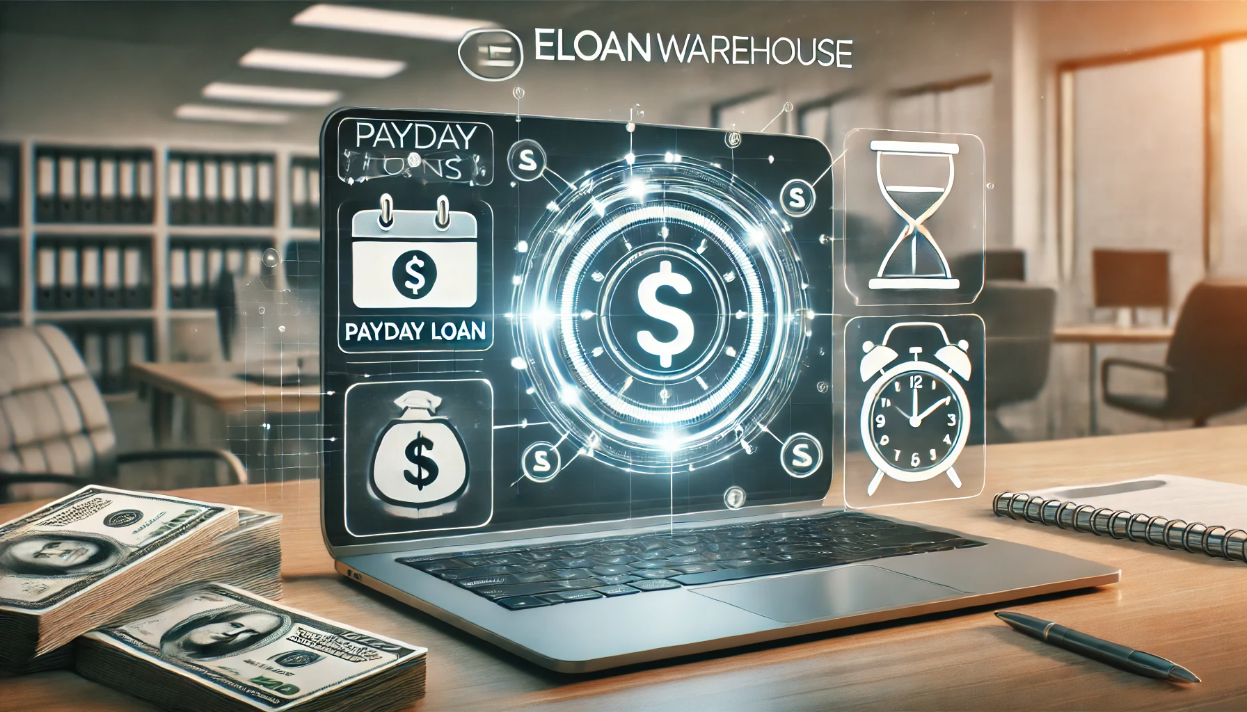 image of payday loans with eLoanWarehouse branding and financial symbols