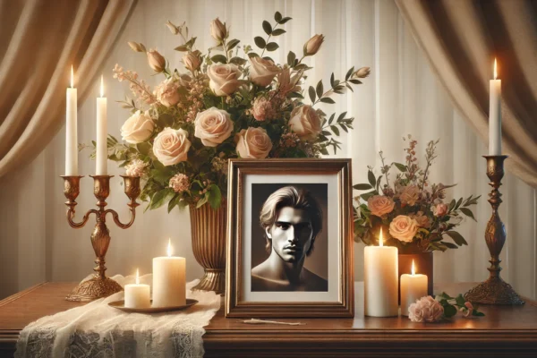 memorial scene symbolizing Brennan Mosley's legacy, with flowers, candles, and a framed portrait.