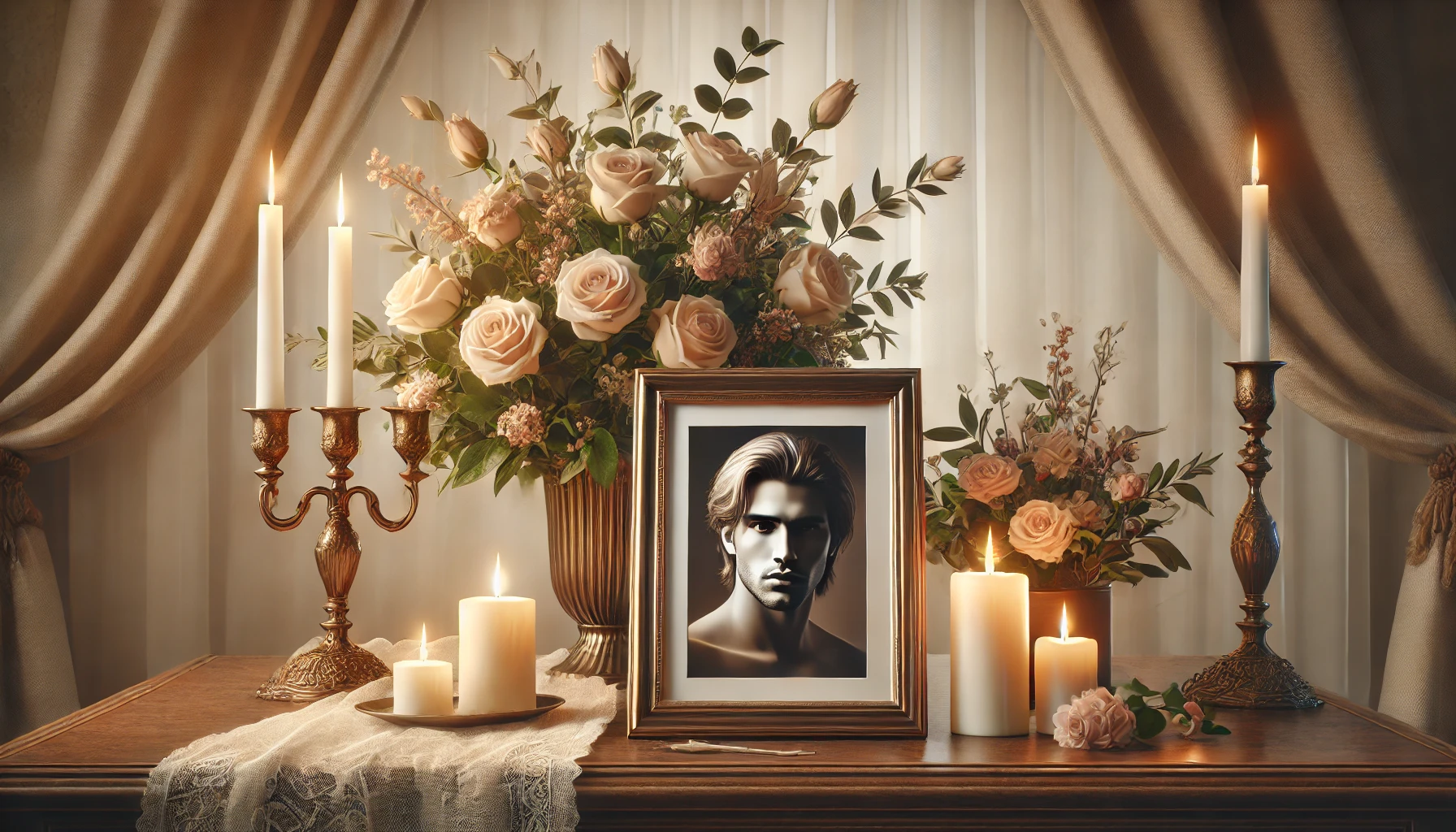 memorial scene symbolizing Brennan Mosley's legacy, with flowers, candles, and a framed portrait.