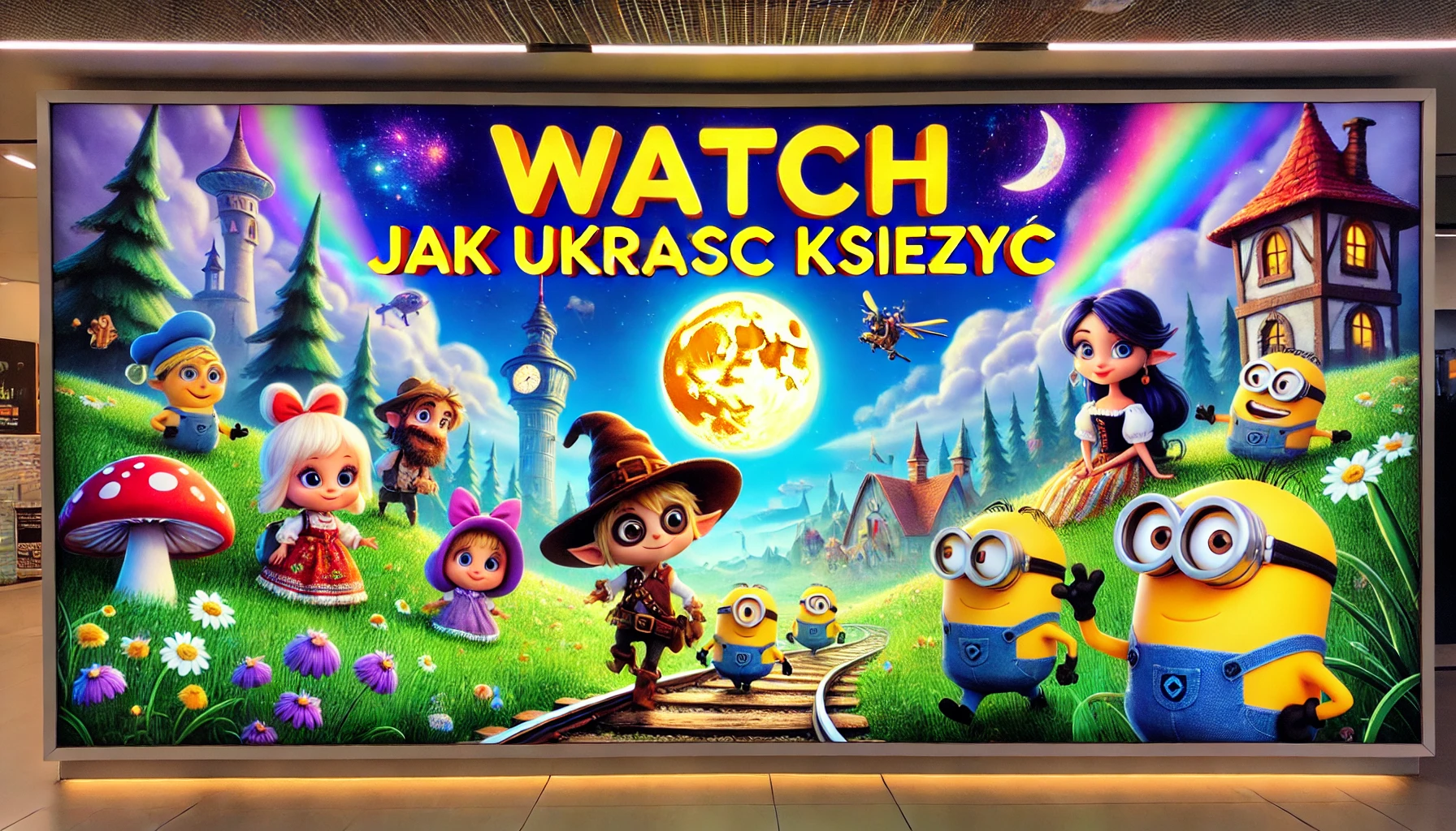 watch jak ukrasc ksiezyc" theme with playful characters under a glowing moon.