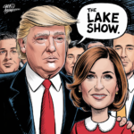 political cartoon depicting Donald Trump humorously giving a nickname to Kari Lake during a public event.