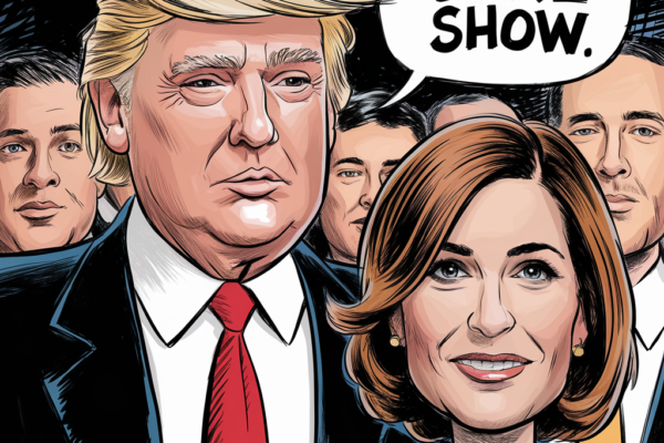 political cartoon depicting Donald Trump humorously giving a nickname to Kari Lake during a public event.