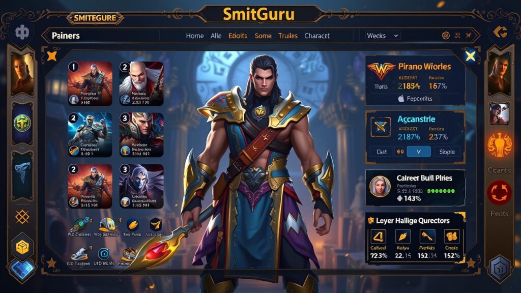 An illustration of SmiteGuru’s interface displaying Smite game character builds and player statistics.