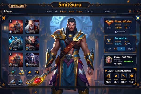 An illustration of SmiteGuru’s interface displaying Smite game character builds and player statistics.