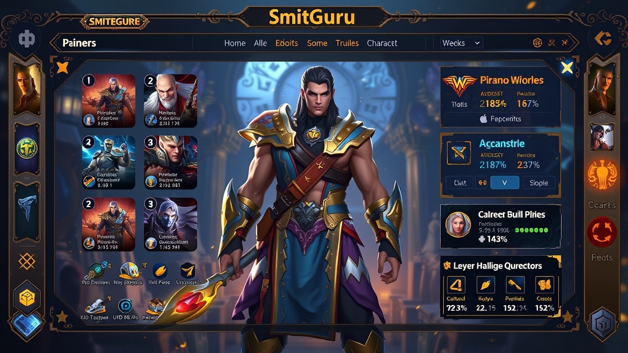 An illustration of SmiteGuru’s interface displaying Smite game character builds and player statistics.