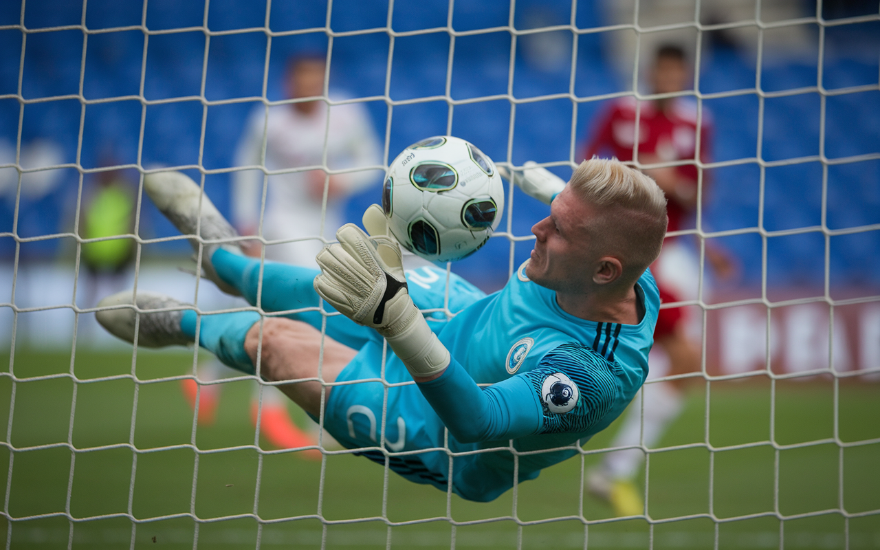 Soccer goalkeeper undergoing keeper standard test in action.