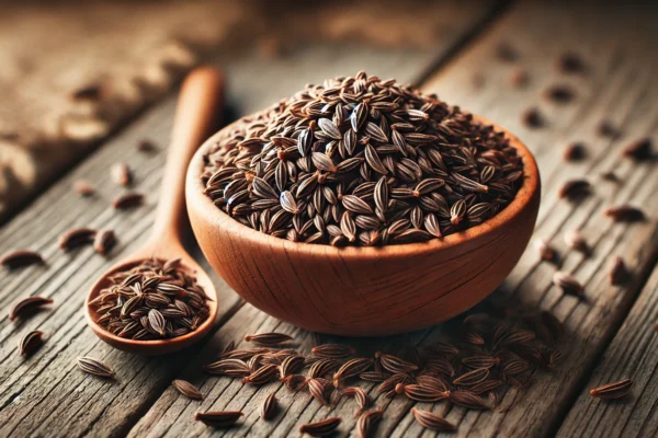 caraway seeds with a wooden spoon