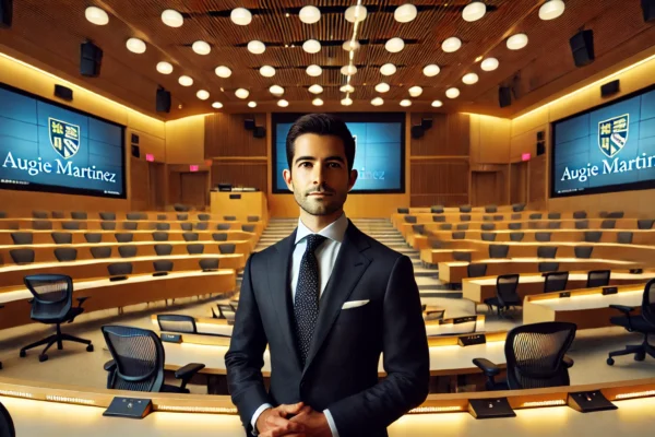 ugie Martinez in a formal suit, standing inside a modern university lecture hall