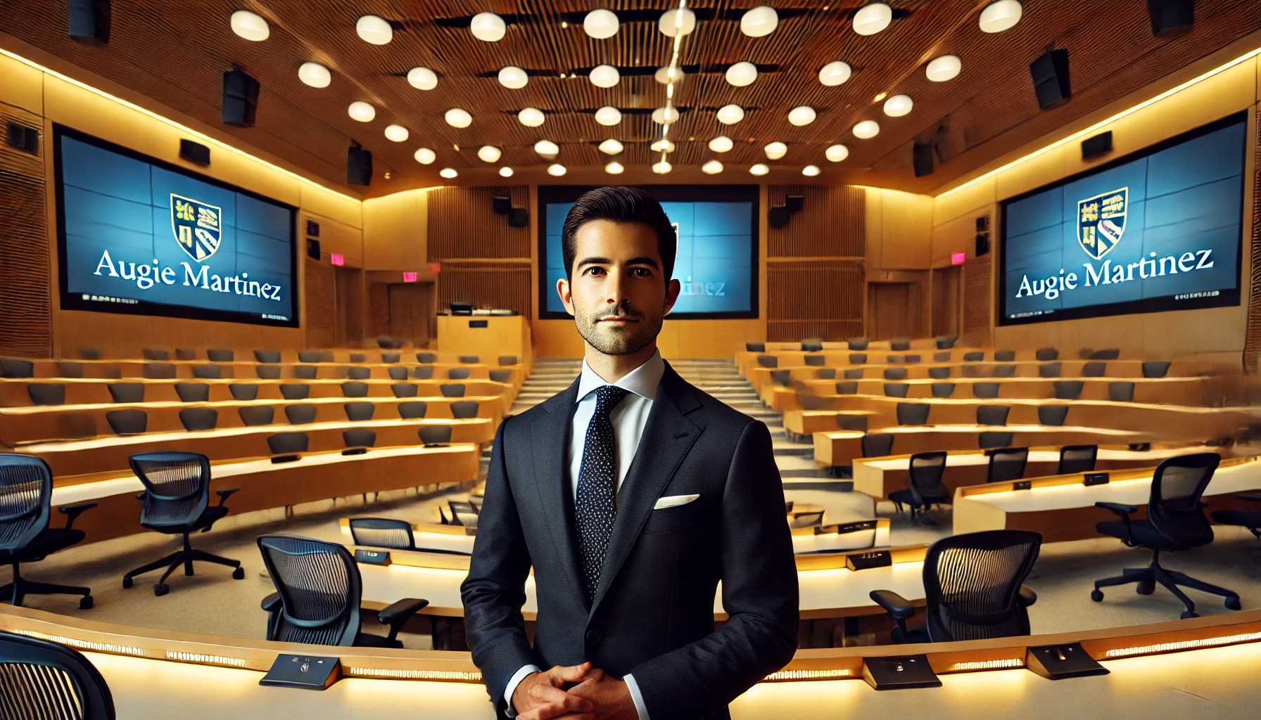 ugie Martinez in a formal suit, standing inside a modern university lecture hall